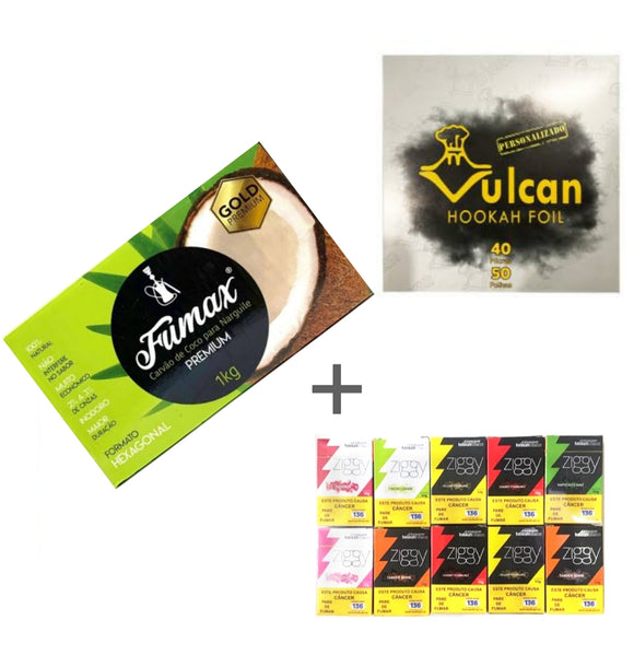 KIT 10 ESSENCIAS ZIGGY, 1 VULCAN 50 FOLHAS E 1KG CARVÃO FUMAX