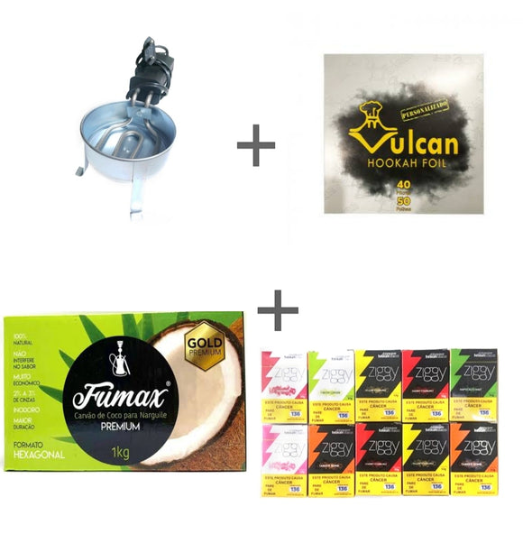 KIT 10 ESSENCIAS ZIGGY, 1 FOGAREIRO BLINDADO, 1 ALUMINIO VULCAN 50 FOLHAS E 1KG FUMAX