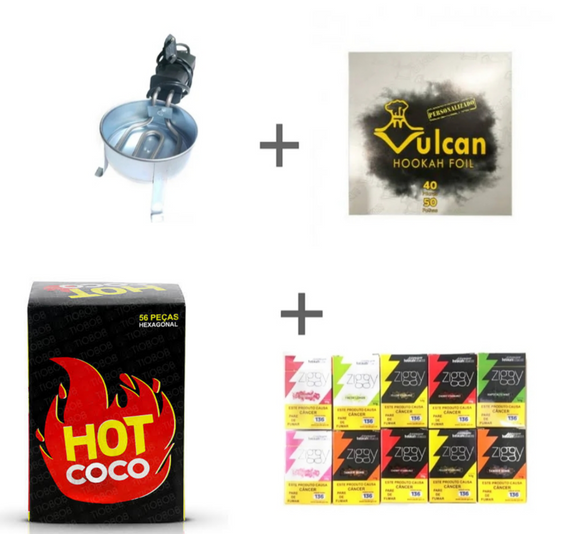 KIT 10 ESSENCIAS ZIGGY, 1 FOGAREIRO BLINDADO, 1 ALUMINIO VULCAN 50 FOLHAS E 1KG CARVÃO HOT